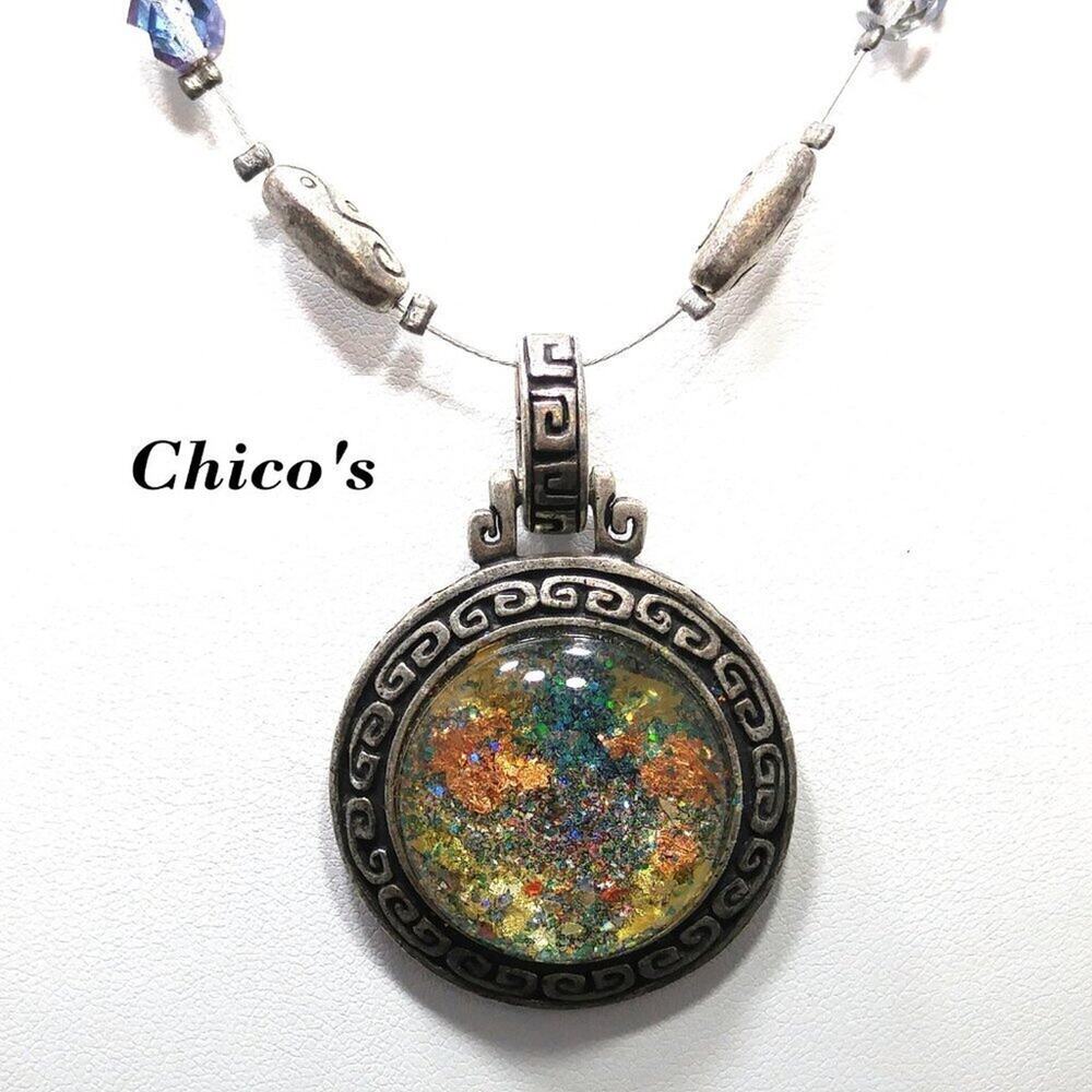 Chico's Glitter Pendant Necklace, Silver Crystal Beads Floating on Wire, 20 Inch